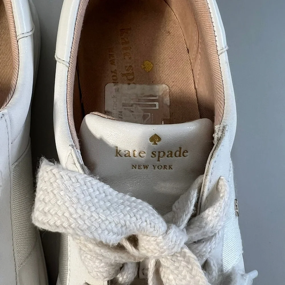 Kate Spade New York Adorn White Leather Low Top Sneakers Gold Spade 8 gym shoe